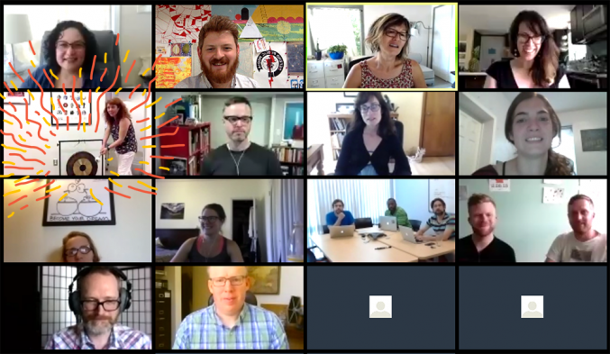 Individual team members on a screen share watching Echo&Co team members celebrate a site launch.